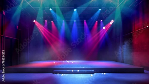 Luxury stage with blue and pink spotlights for theater performances or exhibition events photo