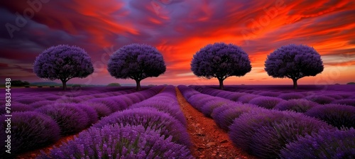 Tranquil sunset over lavender fields with captivating summer agriculture scenery view