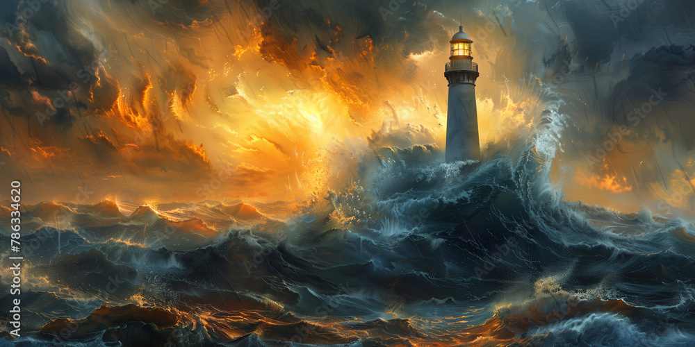 Digital art of resilient lighthouse stands firm against the fury of a tempestuous ocean storm, with waves crashing and fiery skies above.