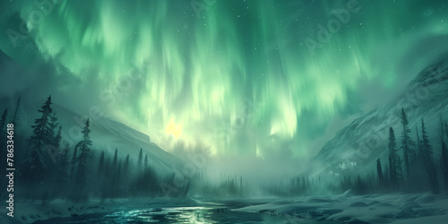 A breathtaking aurora borealis over a snowy landscape  natural light show  snow-covered forest landscape and a frozen river.