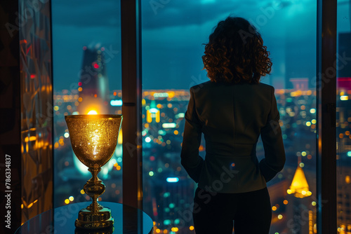 businesswoman looking at the night city - concept of success photo