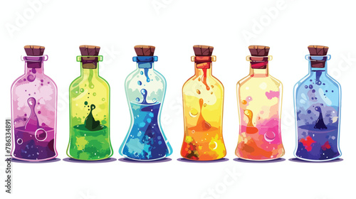 Potion bottles with colorful liquids each with mysteries 
