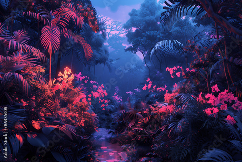 Neon jungle scene, where technology and nature intertwine, showcasing vibrant flora and ambient tech in a surreal, dynamic composition