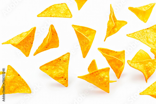 Flying mexican nachos chips, isolated on white background.