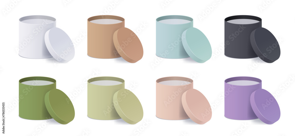 Set of round open cardboard boxes in different pastel shades. Vector tube packaging illustration Set of round open cardboard boxes in different pastel shades. Vector tube packaging illustration