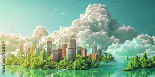 3D render, illustration 16K cute landscape, mini city , gradient green background