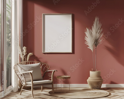 Empty vertical frame for wall art mockups. Modern living room with chair, boho decor, and neutral terracotta wall.