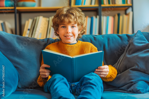 Happy kid sits on couch at home and reads book with enjoy and interest. Back to school, education, learning, reading, lifestyle concept