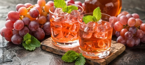Refreshing grape juice in glass with mint leaves on blurred background, copy space available