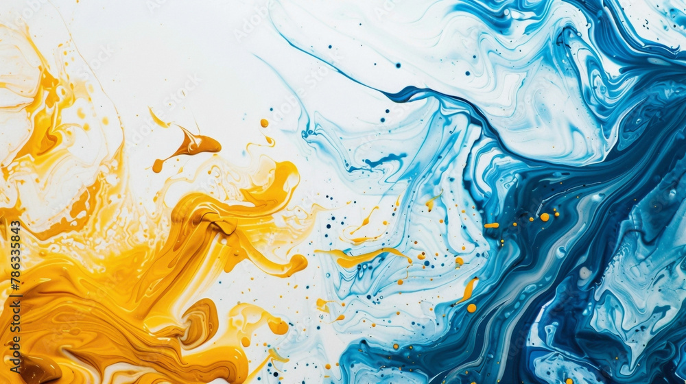 Yellow and blue paint swirls on a white canvas with a watercolor effect.