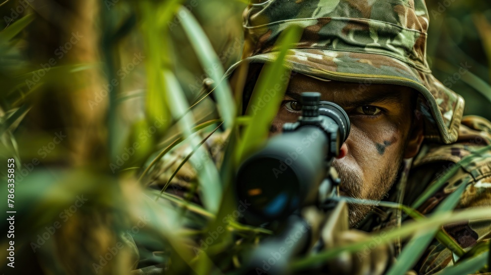 Elite unit, special forces soldier in camouflage uniform holding assault rifle and aiming with optical sight Elite unit, special forces soldier in camouflage uniform holding assault rifle and aiming with optical sight
