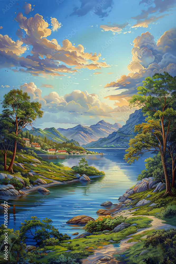 Oil painting of a serene landscape, rich textures and vibrant colors, each stroke a testament to beauty, immersive and timeless, 