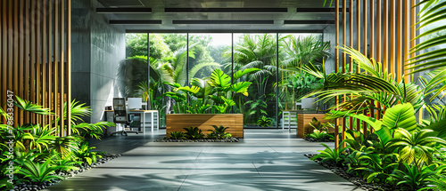Modern Indoor Garden with Lush Greenery and Stylish Furniture, Blending Natural Elements with Contemporary Design