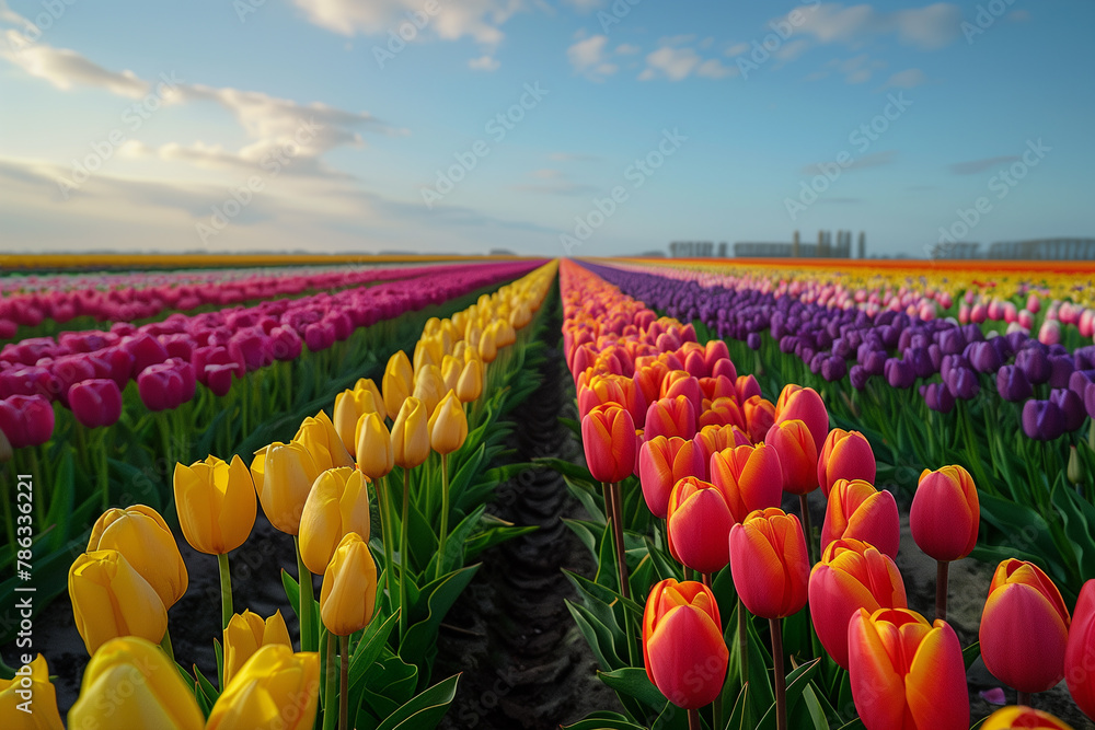 Blooming tulip fields in the Netherlands for Springtime, illustration - obrazy, fototapety, plakaty 