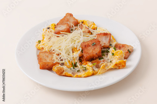 Bot Chien also known as Vietnames fried rice flour cake with eggs, Vietnamese food isolated on white background, close-up