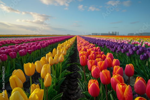 Blooming tulip fields in the Netherlands for Springtime, illustration #786336221