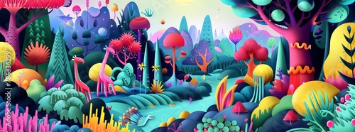 Whimsical vector illustration  a playful landscape filled with fantastical creatures  bright colors  a journey of imagination  delightful and engaging  