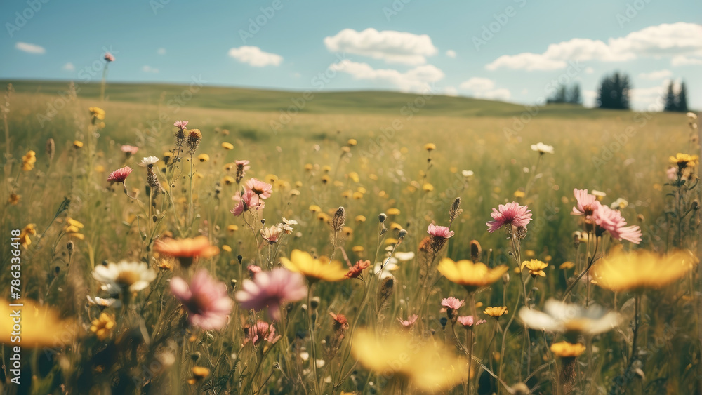 Relaxing nature background concept with green meadow and colorful wild flowers on a sunny spring day. Natural blooming summer scene.