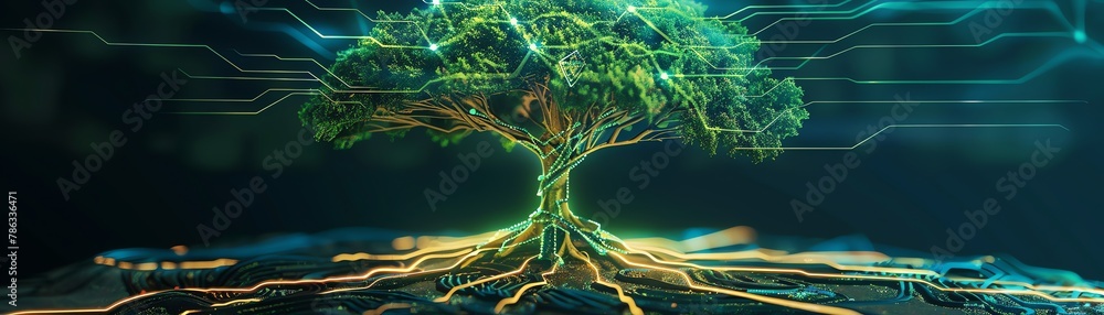 Environment growth enabled by technology shown as a flourishing digital tree, data streams as roots feeding into sustainable development, vibrant and interconnected,