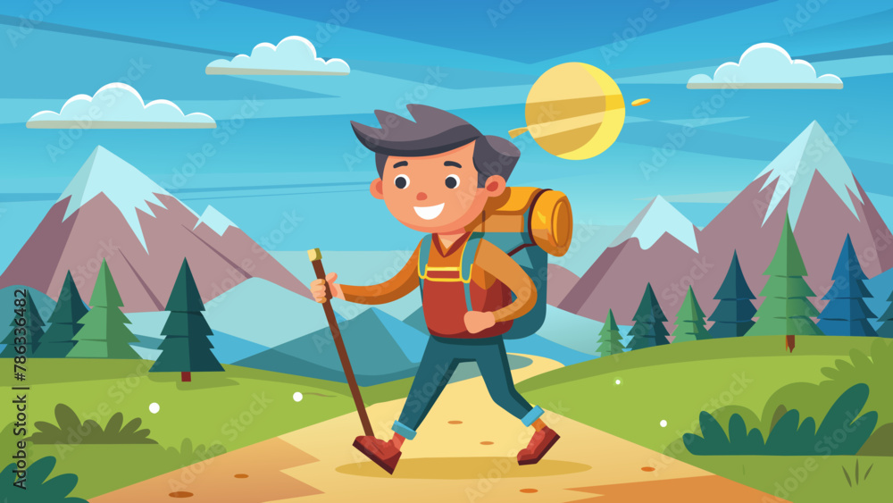 happy-man-cartoon-charcter-with-backpack-and-stick - obrazy, fototapety, plakaty 
