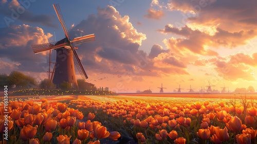 Blooming tulip fields in the Netherlands for Springtime, illustration #786336404