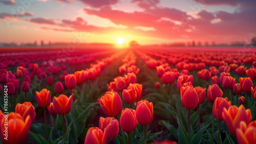 Blooming tulip fields in the Netherlands for Springtime, illustration