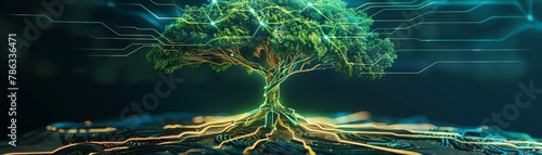 Environment growth enabled by technology shown as a flourishing digital tree, data streams as roots feeding into sustainable development, vibrant and interconnected, 