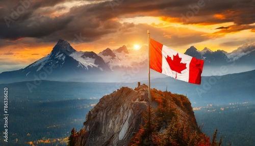 The Flag of Canada On The Mountain.
