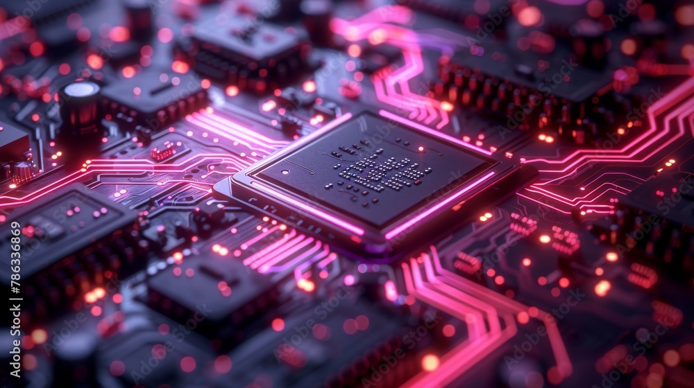 Futuristic cyberpunk circuit board with glowing orange lights and high-tech chips