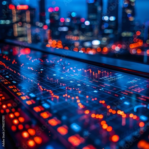 A futuristic control panel with a view of a city at night. photo