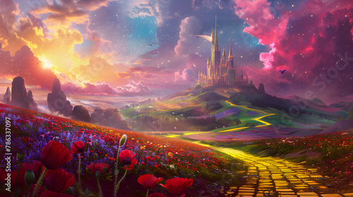 Enchanting Panoramic View of the Vibrant Landscape of Oz with the Emerald City and Yellow Brick Road © Katherine