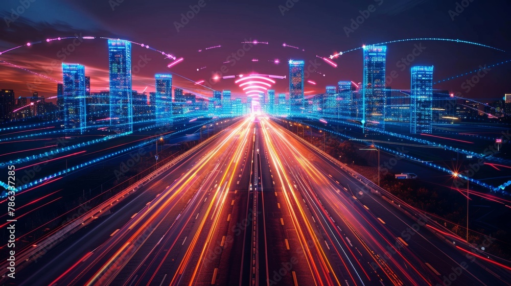 Futuristic cityscape with illuminated 5G icons and busy traffic at twilight