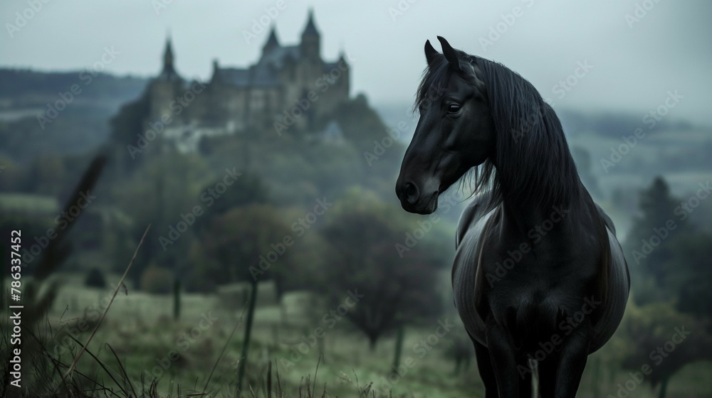 black horse standing in the pasture with a castle in the distance behind it. black horse standing in the pasture with a castle in the distance behind it.