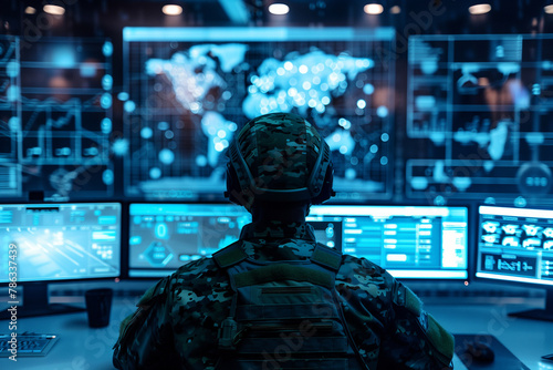 digital simulations of cyber defense mechanisms, highlighting the importance of cybersecurity in modern military operations in high tech style.