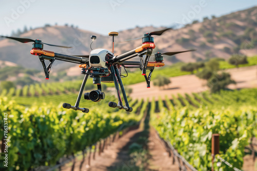Drone flying over a vineyard for crop monitoring in sunny weather.