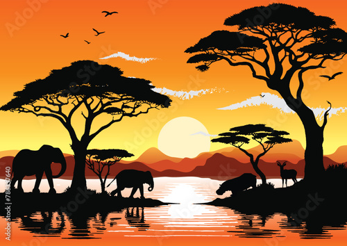 A vector artwork showcasing the beauty of African wildlife against a river sunset, meticulously created with Adobe Illustrator. Ideal for digital or T-shirt graphics, bringing nature's charm to life
