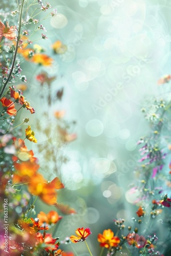 Bright floral border with light bokeh wide panorama