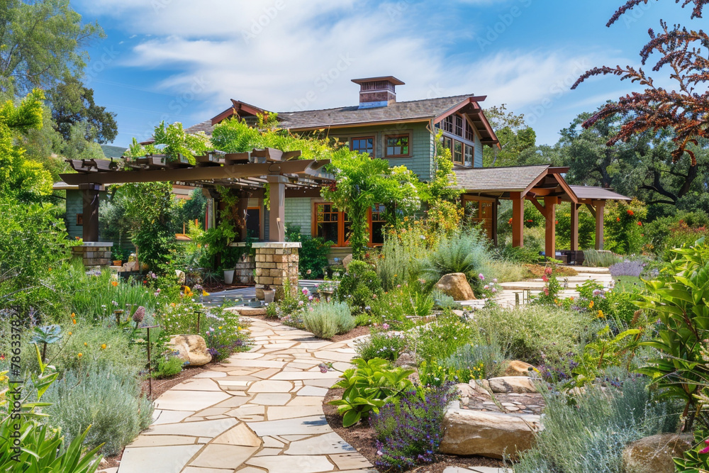A Craftsman-style home with an elaborate front garden, featuring a pergola-covered walkway, stone pathways, and an array of native plants, creating a harmonious connection with nature. A Craftsman-style home with an elaborate front garden, featuring a pergola-covered walkway, stone pathways, and an array of native plants, creating a harmonious connection with nature.