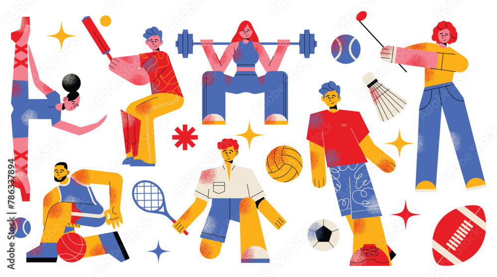Different physical activities, do sports set. People exercising, playing tennis, basketball, football, soccer, golf, gymnastic, powerlifting. Flat graphic vector illustrations isolated on background.