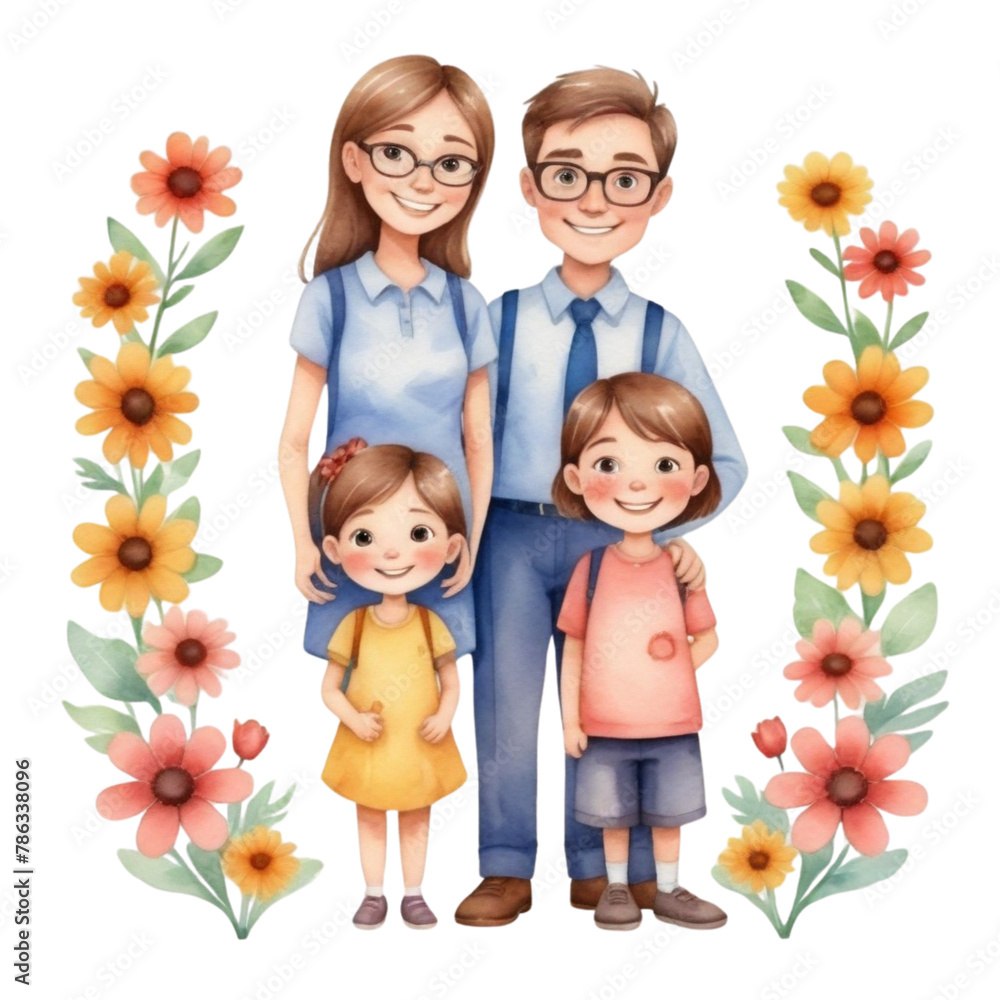 watercolor teacher with full family with flowers on Isolated transparent background png. generated with AI watercolor teacher with full family with flowers on Isolated transparent background png. generated with AI