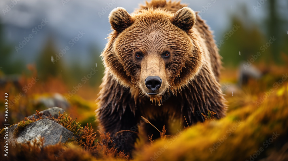 Fototapeta premium Majestic Brown Bear in Autumn Forest. Generative AI