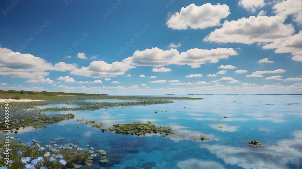 A body of water, some blue flora, and a blue sky