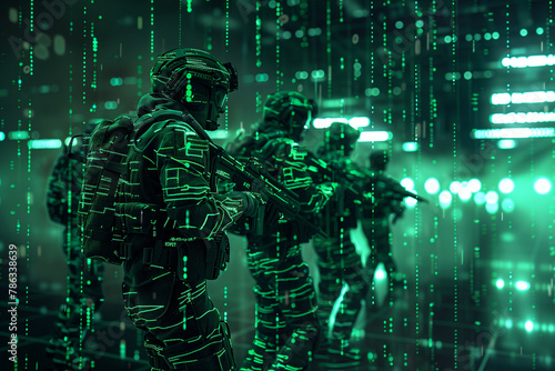 digitally simulated cyber warfare scenarios  illustrating the importance of defending against digital threats in high tech style.