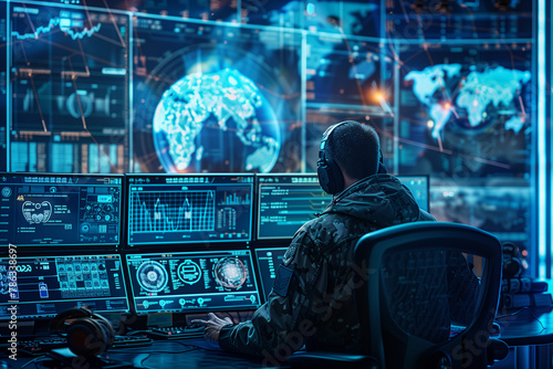 digitally simulated cyber warfare scenarios, illustrating the importance of defending against digital threats in high tech style.