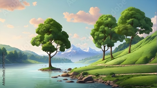 Three animated trees beside a river on verdant slopes