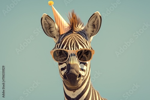 zebra with party hat and sunglasses on pastel background