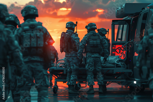 Elegant photo of digital reconstructions of military medical technology, showcasing the advancements in field medicine and casualty care in high tech style. photo