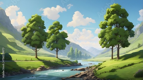 Three animated trees beside a river on verdant slopes