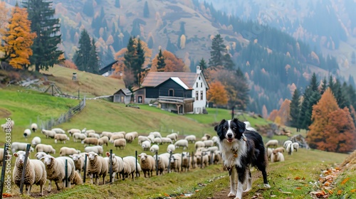 Border collie puppy herding sheep in lush green pasture, showcasing agility and intelligence