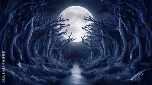 Concept of mystery, timelessness, and exploration. A surreal scene of a moonlit forest in indigo and silver.